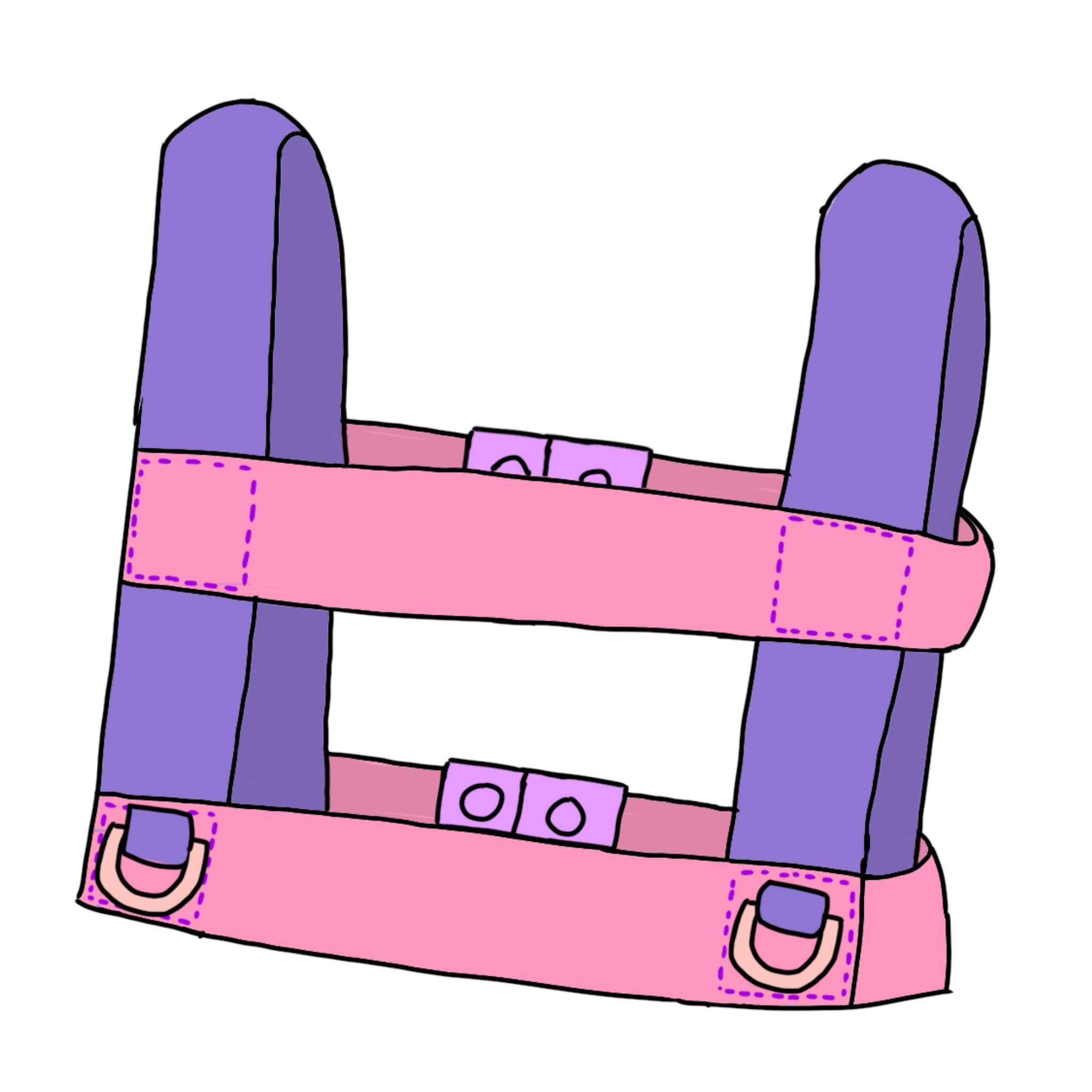 a pink and purple walking harness with D rings for attaching things